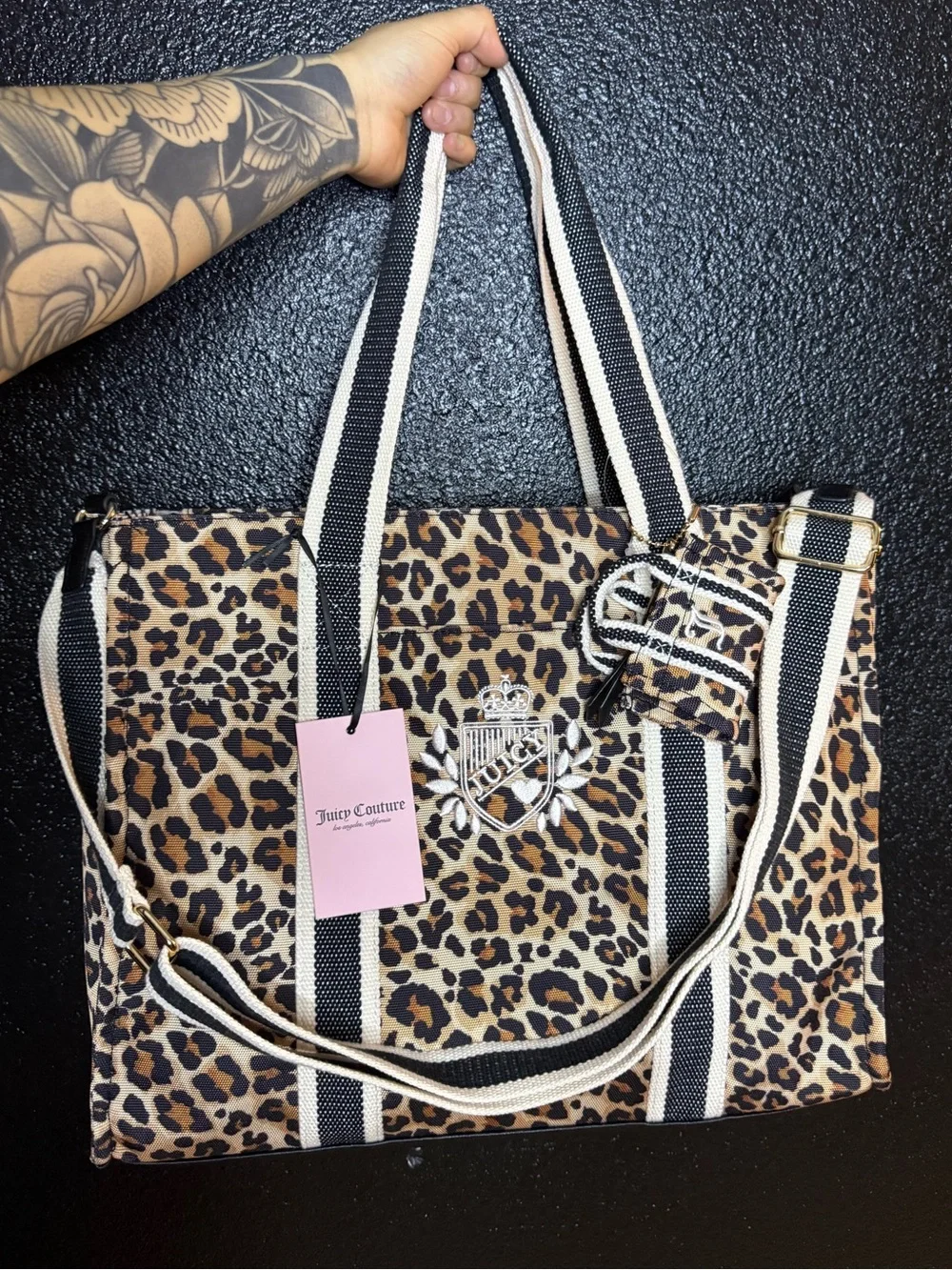 Juicy Couture Leopard-Print Tote with Black & Cream Striped Handles